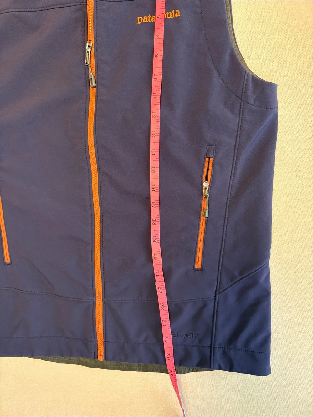 Patagonia Navy Blue Softshell Vest with Orange Accents